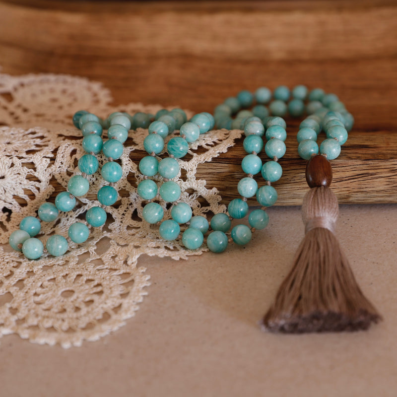 Mala Beads, Hand-knotted with beautiful, untreated, high-grade Amazonite beads, featuring a wooden guru bead and handmade cotton tassel.