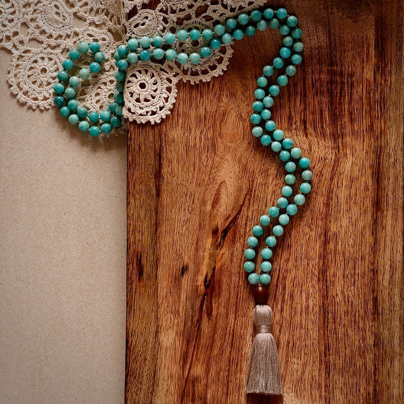 Mala Beads, Hand-knotted with beautiful, untreated, high-grade Amazonite beads, featuring a wooden guru bead and handmade cotton tassel.