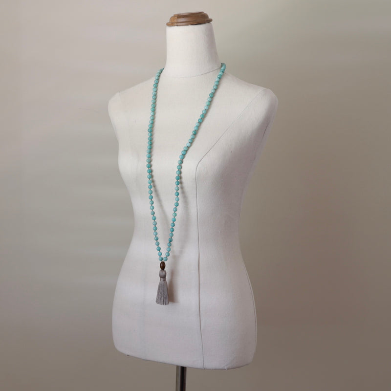Mala Beads, Hand-knotted with beautiful, untreated, high-grade Amazonite beads, featuring a wooden guru bead and handmade cotton tassel.